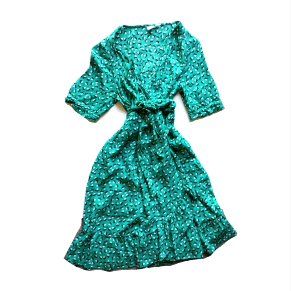 Gap Green Floral Wrap Dress with Ruffles